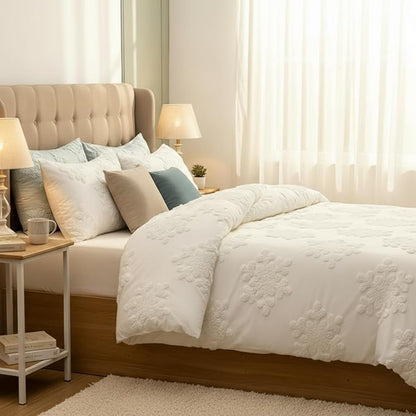 Frienda 3 Pcs Winter Snowflake King Comforter Cover Set Includes 1 Duvet Cover and 2 Pillow Shams Boho Tufted White Snowflake Bedding Set for Winter Gift