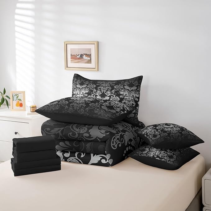 Erosebridal Gothic Damask Bed in a Bag King Size Comforter Set 7 Pieces,Halloween Bat Bedding Sets White Black Victorian Floral Goth Sheet Set with Comforter