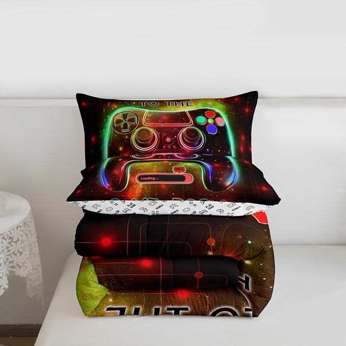 jejeloiu Cool Gamer Bedding Set Full Size for Boys 3D Gaming Comforter Set Kids Teens Bright Red Duvet Set Modern Game Console Quilt Set 3Pcs