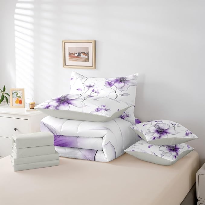 Erosebridal Purple Flower Full 7 Pcs Bedding Set for Women, Boho Floral Comforter Set with Sheets, Watercolor Floral Elegant Bed Sets for Girls Adults, Ink Painting Style Blossom & Leaf Bed in A Bag