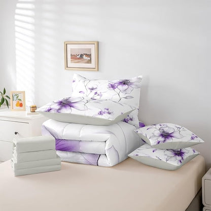 Erosebridal Purple Flower Full 7 Pcs Bedding Set for Women, Boho Floral Comforter Set with Sheets, Watercolor Floral Elegant Bed Sets for Girls Adults, Ink Painting Style Blossom & Leaf Bed in A Bag