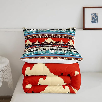 Feelyou Kids Full Aztec Red Comforter Full Size, Southwestern Cowboys Comforter Set for Boys Girls Horse Bedding Set Boho Tribal Duvet Set Microfiber Bed Set