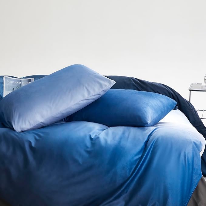 Cottonight Blue Velvet Comforter Queen Fluffy Flannel Bedding Set Women Men Thick Warm Winter Blanket Quilts Sherpa Micromink Navy Dark Blue Modern Chic Plush Fashion Bedding