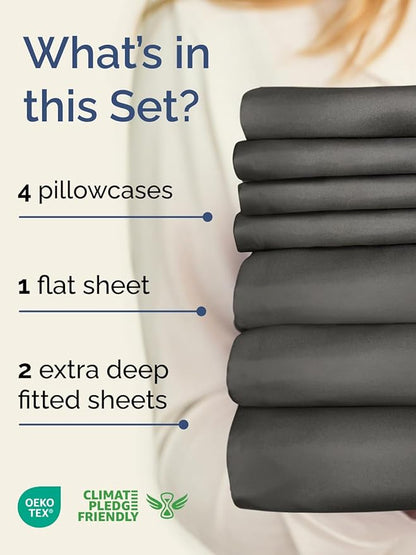 Extra Deep Split King Sheet Set - 7 Piece Breathable and Cooling Sheets - Hotel Luxury Bedding for Women, Men, Kids & Teens - Easy & Secure Fit - Soft and Wrinkle Free - Extra Deep Pockets - Charcoal