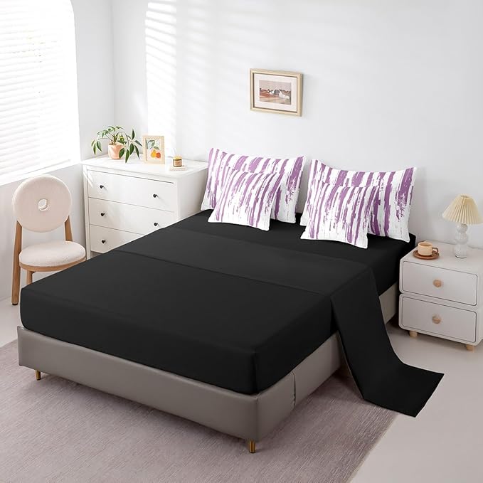 Erosebridal 7Pcs Violet Purple Comforter Set Twin,Lavender Abstract Art Aesthetic Striped Bed in A Bag for Teens Adults,Ink Painting Graffiti Watercolor Quilt,Vintage Gradient Ombre Modern Bedding