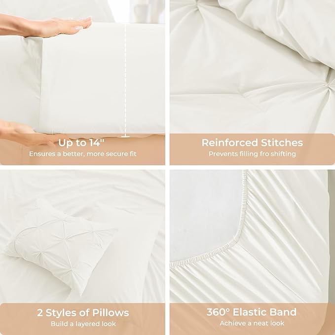 Sasttie Queen Comforter Set, 7-Piece Bed in a Bag, Pintuck Bedding Sets for All Season, Includes Comforter, Flat Sheet, Fitted Sheet, Pillowcases and Pillowshams, Ivory