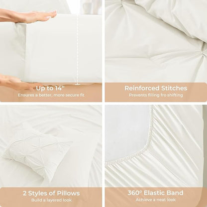 Sasttie Twin XL Comforter Set, 5-Piece Bed in a Bag, Pintuck Bedding Sets for All Season, Includes Comforter, Flat Sheet, Fitted Sheet, Pillowcase and Pillowsham, Ivory