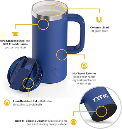 RTIC 16oz Road Trip Travel Mug with Lid and Handle, Ceramic Lined, Insulated, Stainless Steel, Metal, Double Wall Vacuum-Insulation, Portable Coffee, Tea Cup for Hot and Cold Drink, Cobalt