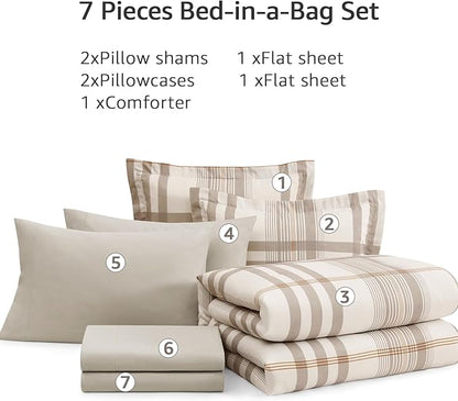 MaiRêve Queen Comforter Set Brown Grey, Classic Plaid Farmhouse Bedding Sets 7 Pieces, All Season Lightweight Bed in a Bag with Sheets, Pillowcases & Shams