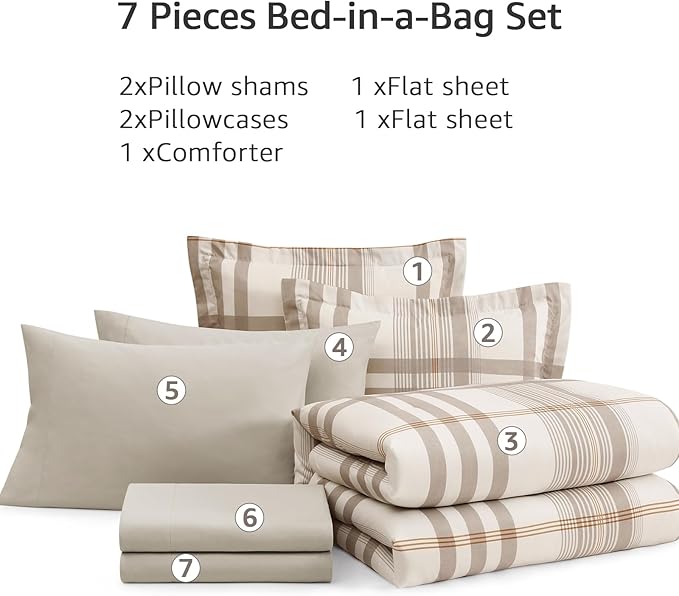 MaiRêve Full Size Comforter Set Brown Grey, Classic Plaid Farmhouse Bedding Sets 7 Pieces, All Season Lightweight Bed in a Bag with Sheets, Pillowcases & Shams
