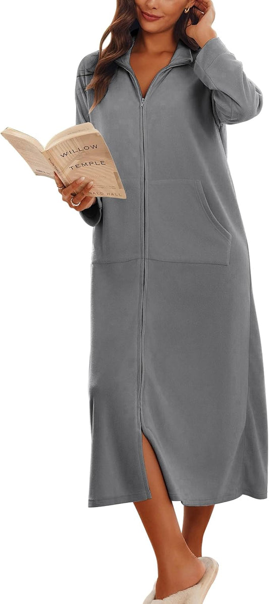 Ekouaer Women Zipper Robe Long Sleeves House Coat Soft Bathrobe Sleepwear with Pockets Housecoat Loungewear