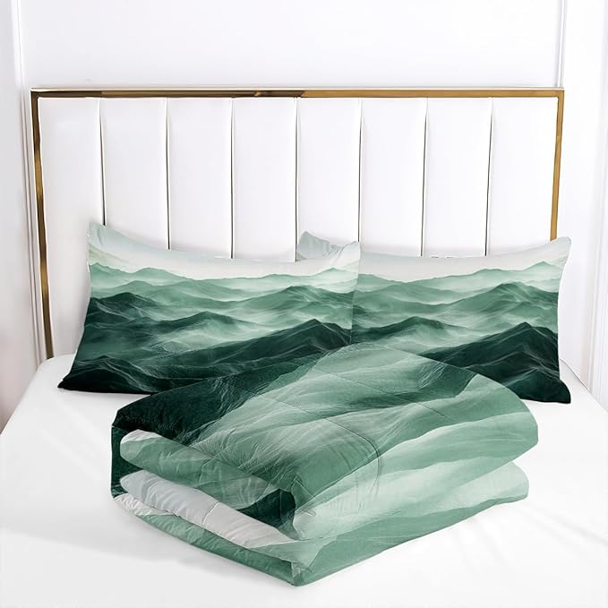 Emerald Green Comforter Set Queen Size Green Mountain Bedding Set for Kids Girls Boys 3 Pieces Nature Landscape Bedding Soft Lightweight Down Comforter with 2 Pillowcases