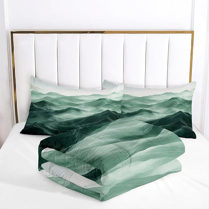 Emerald Green Comforter Set Queen Size Green Mountain Bedding Set for Kids Girls Boys 3 Pieces Nature Landscape Bedding Soft Lightweight Down Comforter with 2 Pillowcases