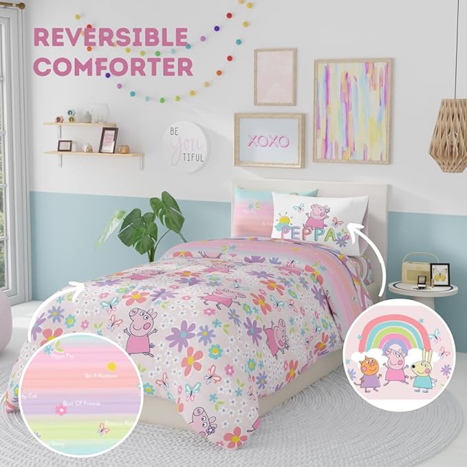 Peppa Pig Kids Bedding Super Soft & Cozy Reversible Microfiber Comforter and Sheet Set with Sham, 5 Piece Twin Size, (Officially Licensed Product) by Franco