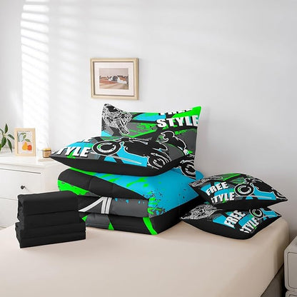 jejeloiu Boys Dirt Bike Racer 7 Piece Bedding Set King Size Motocross Hip Hop Comforter Set with Sheets for Kids Adult Motorcycle Sport Bed in a Bag Blue Green Bed Set