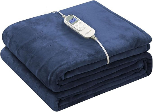 Wapaneus Heated Blanket Electric Blanket 62" x 84" Twin Size with 10 Heating Levels and 12 Hours time Settings, Flannel Fast-Heating Electric Blanket, ETL Listed, Machine Washable,Dark Blue