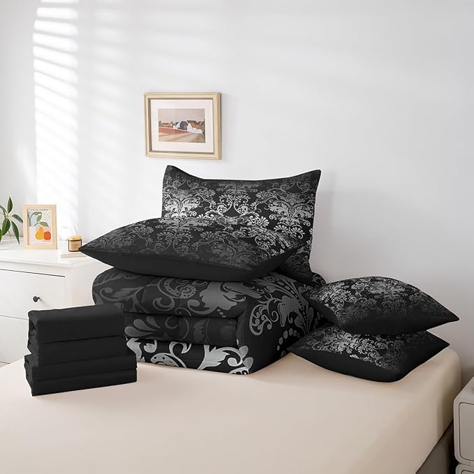 Erosebridal Gothic Damask 7 Piece Comforter Set Full Bed in a Bag,Exotic Moth Bedding Sets White Black Victorian Floral Goth Sheet Set with Comforter
