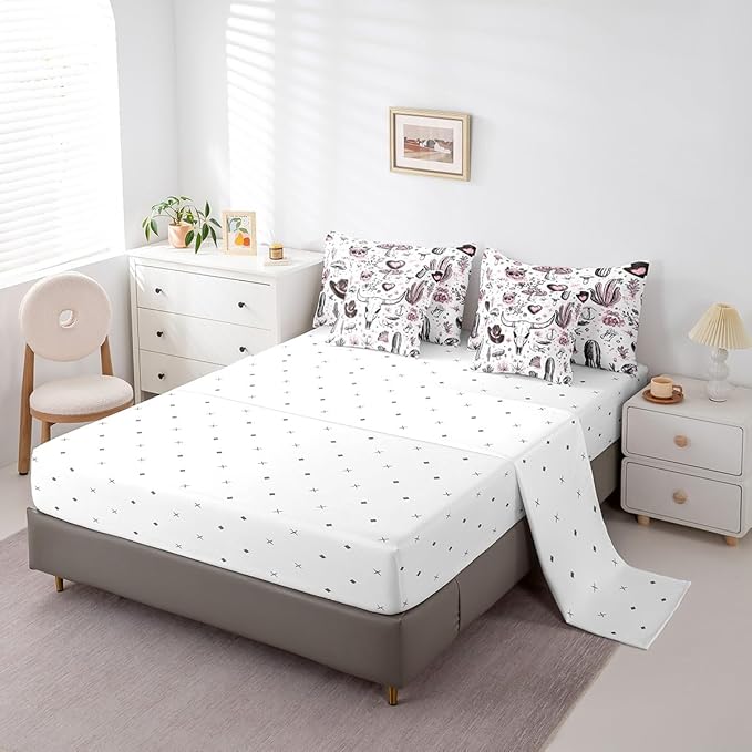 Feelyou Western Cow Skull Comforter Set with Sheets Twin Size Kids Longhorn Skull 7 Pieces Bedding Set for Boys Girls Teens West Cowboy Bed in a Bag Breathable Hat Bed Set Cactus