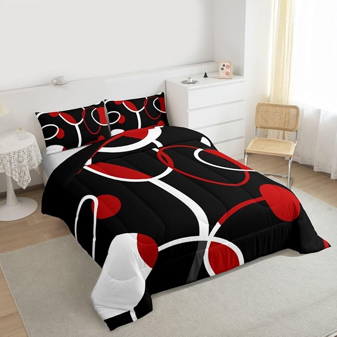 Erosebridal Geometric Comforter Set King Black and Red Circles Bedding Set, White Stripe Duvet Insert Abstract Modern Quilt Sets, Aesthetic Lines Bedding Comforters & Sets Minimalism Bedroom Decor