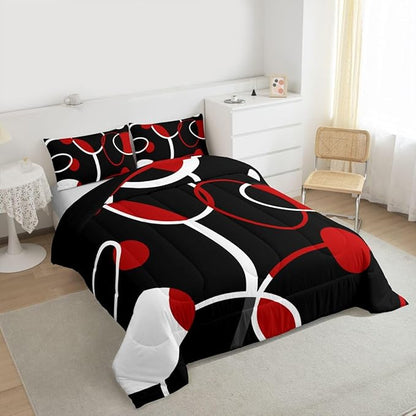 Erosebridal Geometric Comforter Set King Black and Red Circles Bedding Set, White Stripe Duvet Insert Abstract Modern Quilt Sets, Aesthetic Lines Bedding Comforters & Sets Minimalism Bedroom Decor