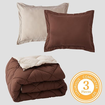 NexHome King Size Comforter Set Brown&Ivory, 3 Pieces Lightweight Reversible Comforter King Size, All Season Fluffy Down Alternative Comforter Bed Set Quilt Blanket(102x90 In Comforter & 2 Pillowsham)