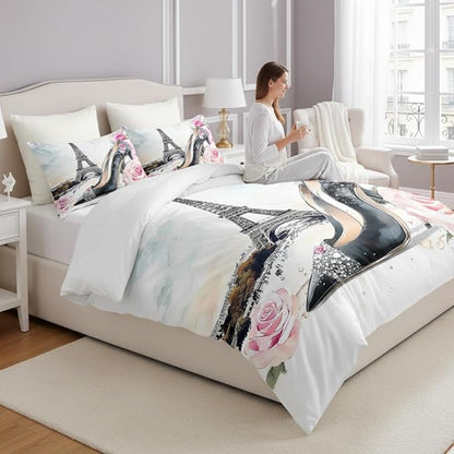Eiffel Tower Comforter Set Twin Size, Pink Rose High Heels Bedding Set for Kids Bedroom Decor/68 * 86