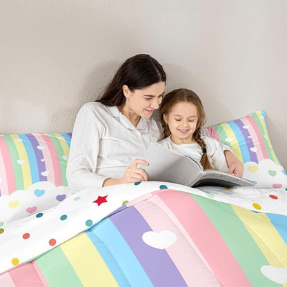 Erosebridal Love Heart Down Comforter King Size，Cartoon Rainbow Comforter Set for Kids Teens Boys Girls, Kawaii Decor Quilt for All Season, Stripes Quilt, Colorful