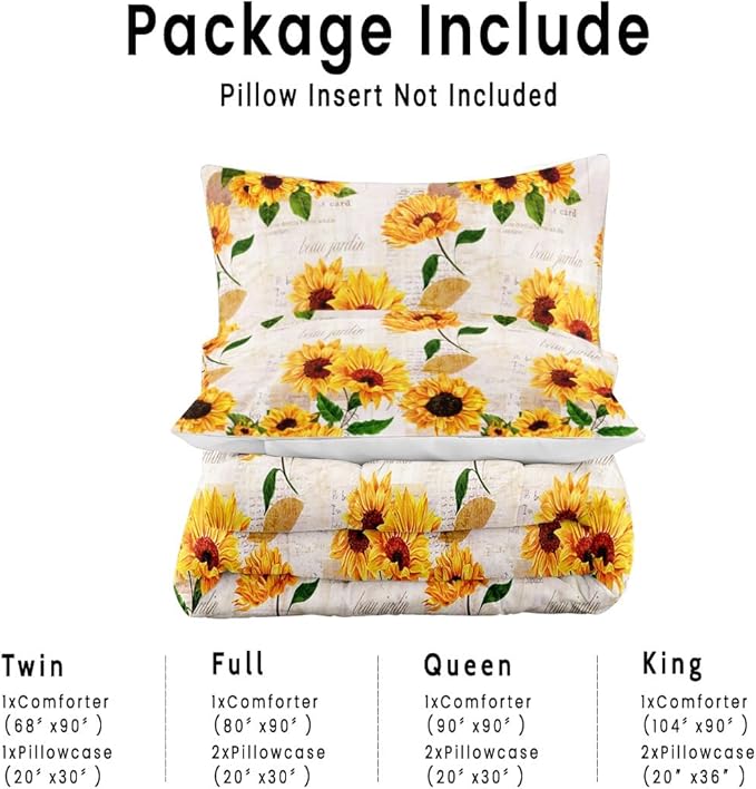 Watercolor Sunflower Comforter Set with 2 Pillowcases King Size Spring Floral Quilt Bedding Set with 1 Comforter and 2 Pillow Covers for Bedroom Dormroom All Season