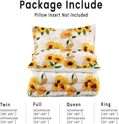 Watercolor Sunflower Comforter Set with 2 Pillowcases King Size Spring Floral Quilt Bedding Set with 1 Comforter and 2 Pillow Covers for Bedroom Dormroom All Season