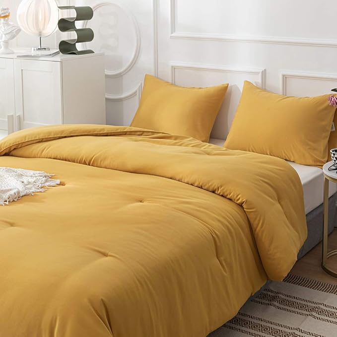 Pureant Mustard Comforter Set California King Dark Yellow Bedding Comforter Sets Solid Yellow Cal King Comforter for Women Girls Soft Plain Turmetric Comforter Sets Solid Ginger Blanket