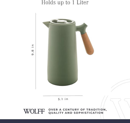 WOLFF - Thermal Coffee Carafe - Hot or Cold Drinks, Double Walled Insulated Vacuum Flask - Leakproof Coffee Dispenser with Wooden Handle, Thermal Bottle for Cold Beverages - Green, 34floz/1L