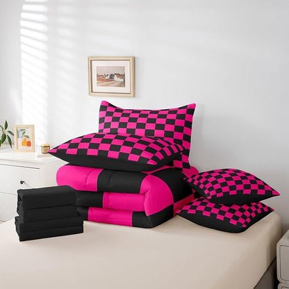 Feelyou Checkered 7 Piece Bedding Set Teen Dark Red Black Plaid Comforter Set with Sheets Twin Size Kids Boys Cute Retro Neutral Checkerboard Geometric Bed in a Bag Vintage Aesthetic Room Decor