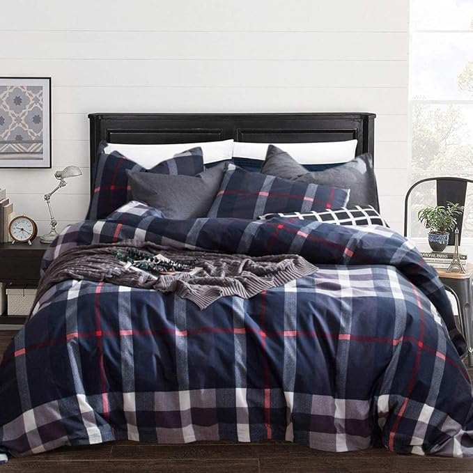 KAREVER Navy Plaid Comforter Set Queen Checkered Bedding Set Navy Blue Tartan Grid Comforter Striped for Women Adult Navy Blue Checkered Blanket Set Dark Navy Queen Bed Comforter Set