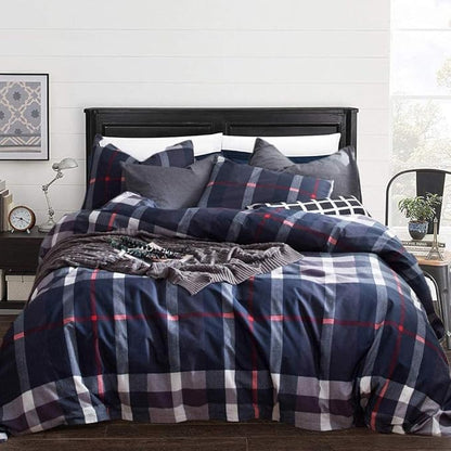 KAREVER Navy Plaid Comforter Set Queen Checkered Bedding Set Navy Blue Tartan Grid Comforter Striped for Women Adult Navy Blue Checkered Blanket Set Dark Navy Queen Bed Comforter Set