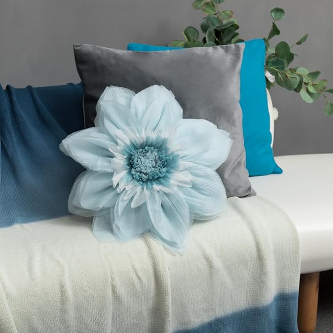 3D Light Blue Flower Round Decorative Throw Pillow with Insert Soft Cute Floral Accent Pillow Cushion for Bed Couch Bedroom Living Room Nursery Boho Aesthetic Home Decor 12Inch Blue and White