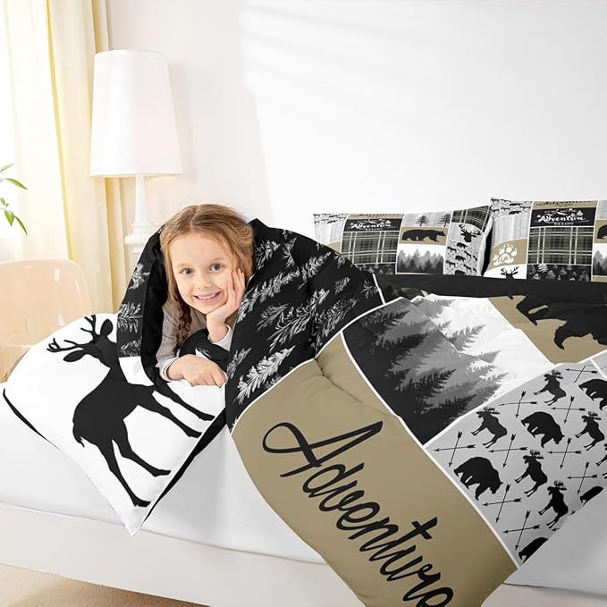 Rustic Cabin Comforter Set For Men, Farmhouse Country Bear Moose Bedding King Size, Forest Vintage Wood Decor Quilt Hunting Camping Adventure Themed Bedding Comforter Sets Bear Decor For Home
