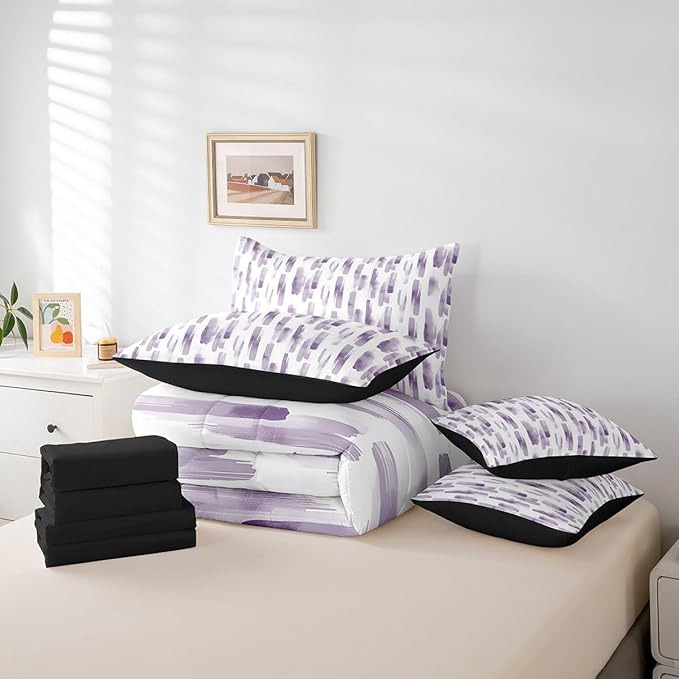 Erosebridal 7Pcs Violet Gradient Abstract Comforter Set Queen,Purple Geometric Striped Bed in A Bag for Women Men,Ink Ombre Modern Art Quilt Set with Pillowcases,Boho Graffiti Watercolor Bedding