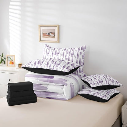 Erosebridal 7Pcs Violet Gradient Abstract Comforter Set Full,Purple Geometric Striped Bed in A Bag for Women Men,Ink Ombre Modern Art Quilt Set with Pillowcases,Boho Graffiti Watercolor Bedding