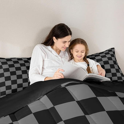 Feelyou Checkered Retro Comforter Set All Season Black Grey Plaid Bedding Set with 1 Pillow Cases Geometric Vintage Kids Toddler Bedclothes Modern Simple Groovy Aesthetic Bedroom Decor Duvet Quilt