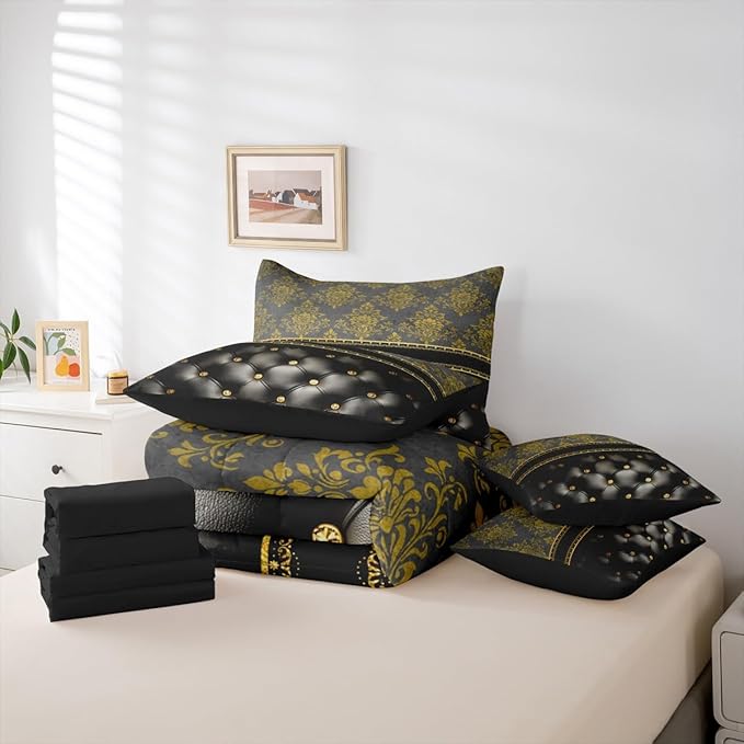 Golden Damask Bed in a Bag Queen Comforter Set 7 Piece | Luxury Black Diamond Texture Pattern Bohemian Bedding Sets Victorian Decor Gothic Vintage Floral Comforter and Sheet Set, Baroque Goth Bed Sets