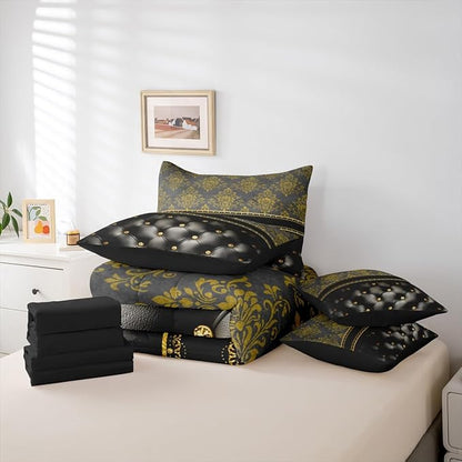 Golden Damask Bed in a Bag King Size Comforter Set 7 Pieces,Luxury Black Diamond Texture Bohemian Bedding Sets Victorian Decor Gothic Vintage Floral Comforter and Sheet Set, Baroque Goth Bed Sets