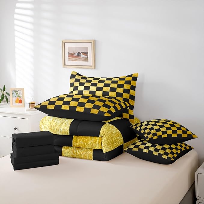 Checkered Retro Comforter Set With Sheets 7 Piece King Size Golden Black Plaid Bed in a Bag Kids Boys Girls Geometric Vintage Bedding Set Modern Simple Groovy Aesthetic Bedroom Decor Breathable Soft