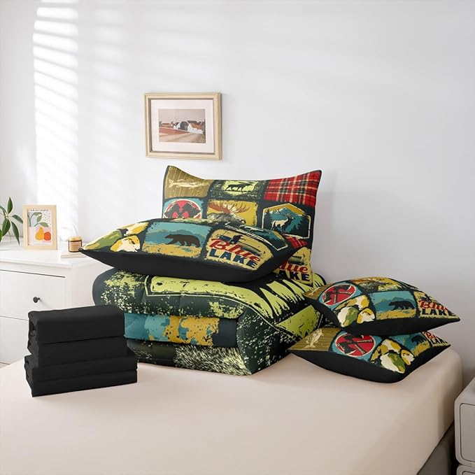 Erosebridal Farmhouse 7 Piece Comforter Set Twin Rustic Cabin Camper Bedding Set Retro Woodland Bear Deer Wildlife Duvet Insert Pike Fish Hunting Animal Plaid Sheet Set with Comforter Bedroom Decor