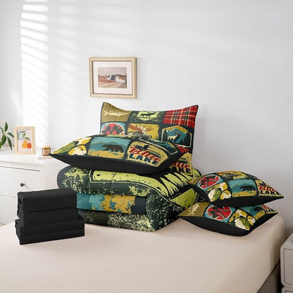 Erosebridal Farmhouse 7 Piece Comforter Set King Rustic Cabin Camper Bedding Set Retro Woodland Bear Deer Wildlife Duvet Insert Pike Fish Hunting Animal Plaid Sheet Set with Comforter Bedroom Decor