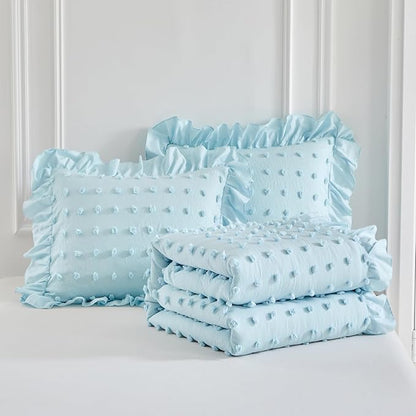 Tufted Dots Ruffle Comforter Set Full/Queen Size, 3 Pieces Blue Vintage Farmhouse Shabby Chic Comforters, Jacquard Boho Bohemian Bedding Set for All Season (1 Ruffled Comforter+ 2 Pillow Shams)