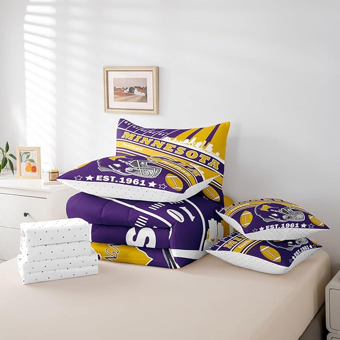 Feelyou Football 7 Pieces Comforter Sets Queen Size Kids Rugby Sports Bedding Set for All Season Football City Bed in a Bag with Comforter, Sheets, Pillowcases & Cushion Cover