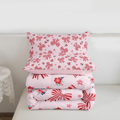 Feelyou Red Pink Pink Bow Comforter Set Twin Size Cute Floral Bedding Set for Kids Boys Girls Cute Bowknot Duvet Quilt Kawaii Bedroom Decor Microfiber 2 Pcs with 1 Pillow Cases