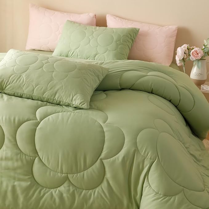 Cottonight Sage Sunflower Comforter Set - Queen Size, Light Green Floral Bedding Set - Women's Boho Farmhouse Chic Blanket & Quilts - Soft, Breathable, Grass Green Printed 3 Piece Set