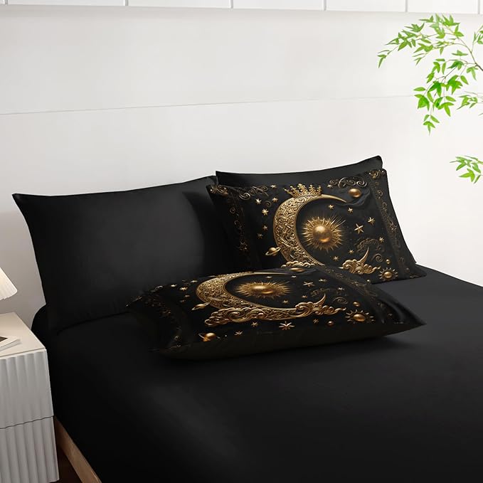 7 Piece Black and Gold Galaxy Comforter Set King Size，Sun and Moon Bedding Set King，(1 Comforter, 1 Flat Sheet, 1 Fitted Sheet, 2 Pillowcase and 2 Pillow Sham)，Astrology Bedroom Decor