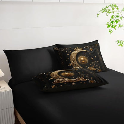 7 Piece Black and Gold Galaxy Comforter Set King Size，Sun and Moon Bedding Set King，(1 Comforter, 1 Flat Sheet, 1 Fitted Sheet, 2 Pillowcase and 2 Pillow Sham)，Astrology Bedroom Decor